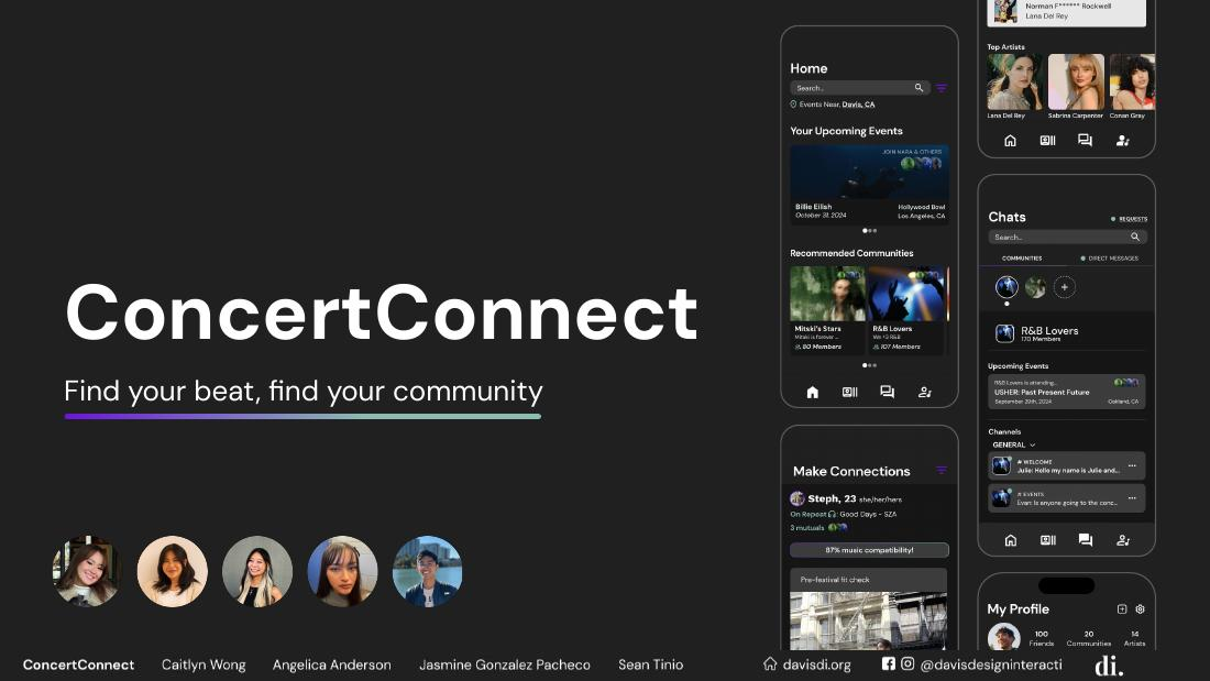 Concert Connect presentation cover showing the project title, the tagline "Find your beat, find your community", the team, and mobile community screens