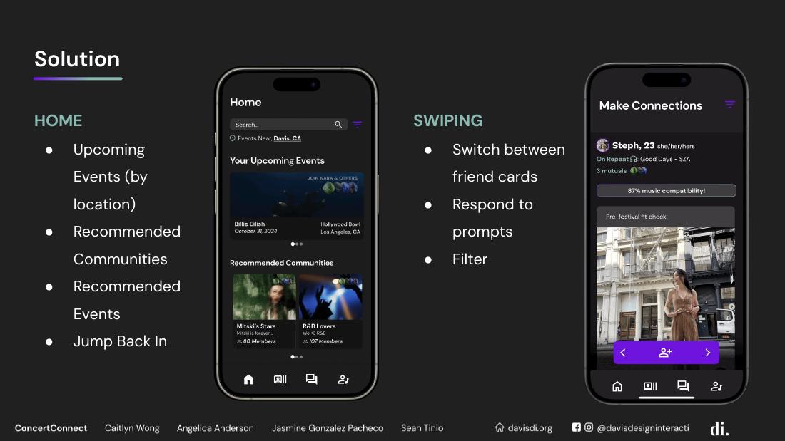 ConcertConnect home and matching interface screens