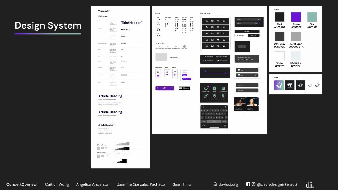 Design system slide showing typography specimens, an icon set, component states, and the color palette